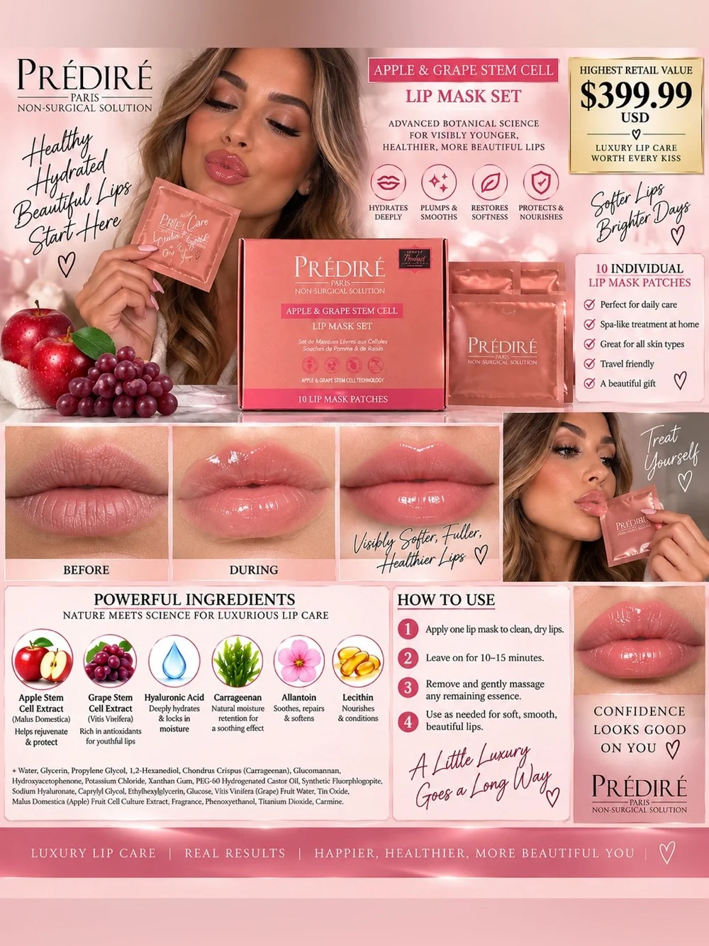 Predire Apple & Grape Stem Cell Lip Mask (10) Set - Hydrating Lip Patches